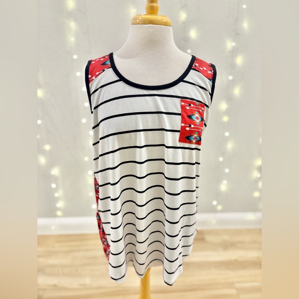 Aztec White/Black Striped Tank Top with Red Southwestern Back and Pocket